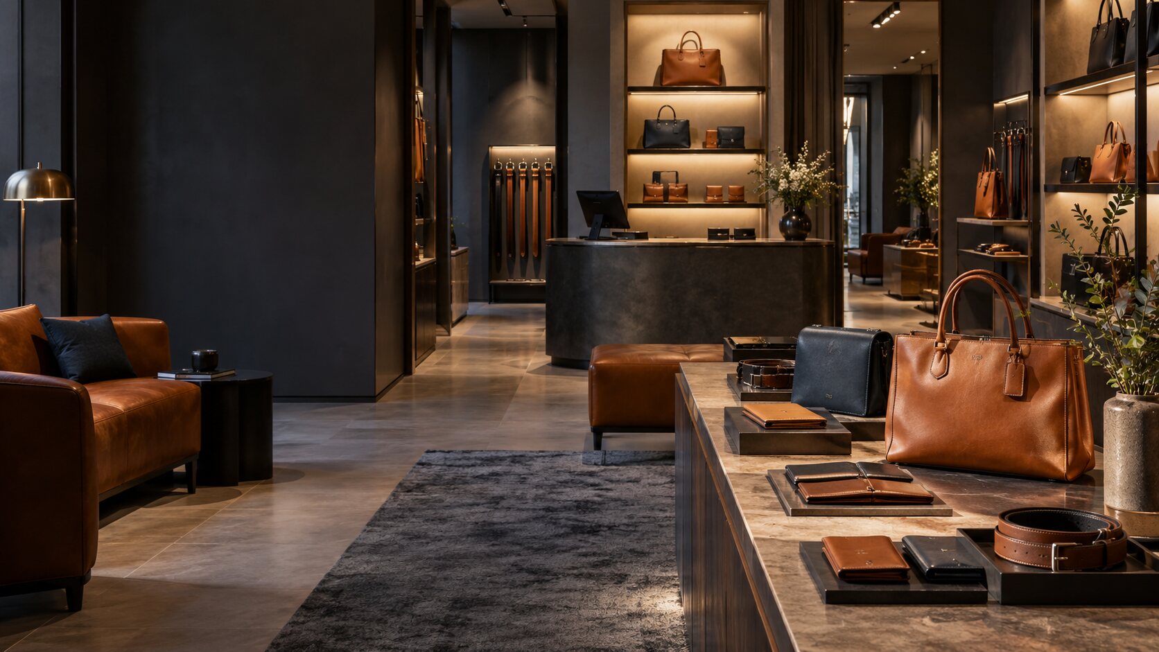 Intérieur élégant d’une boutique de maroquinerie